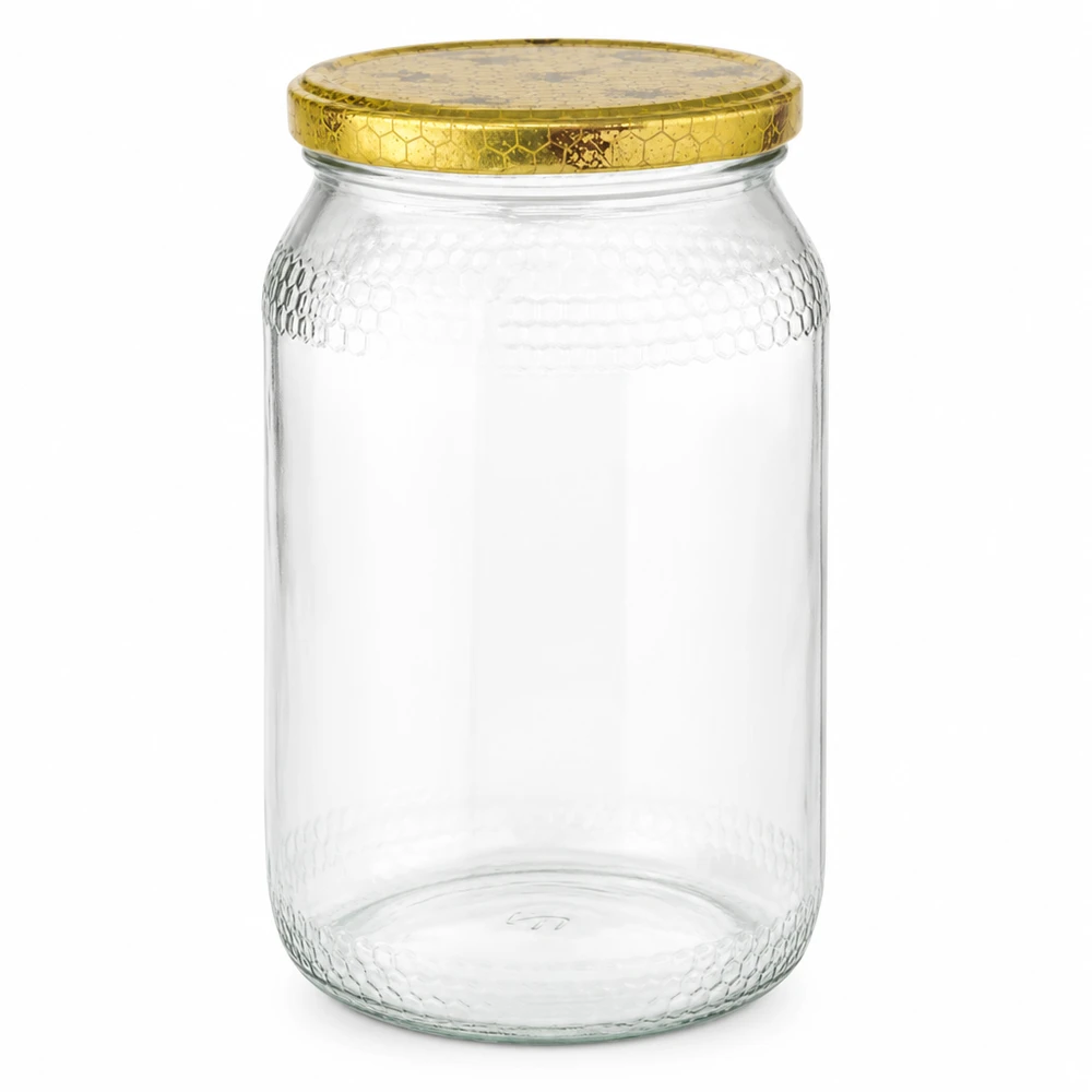 Tarro para miel de 1260 g con tapa con diseño de panal BasicSeal UNiTWIST Tarro de miel de 900 ml con tapa dorada BasicSeal diseño de panal suministros apícolas vacíos envases para miel