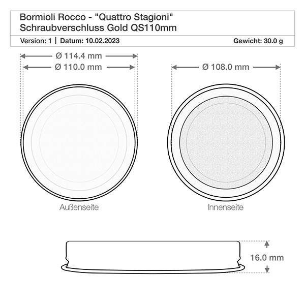 Tarro redondo "Quattro Stagioni" de 3000 ml con tapa Dibujo técnico del tapón de rosca Quattro Stagioni de 114,4 mm de diámetro y 16 mm de altura