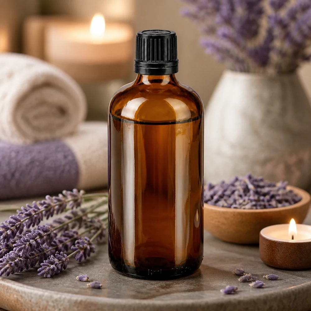 Botella de farmacia marrón 100ml tapón cuentagotas premium 1mm negro a prueba de manipulaciones Botella de cristal marrón de 100 ml con gotero, entre flores de lavanda y velas
