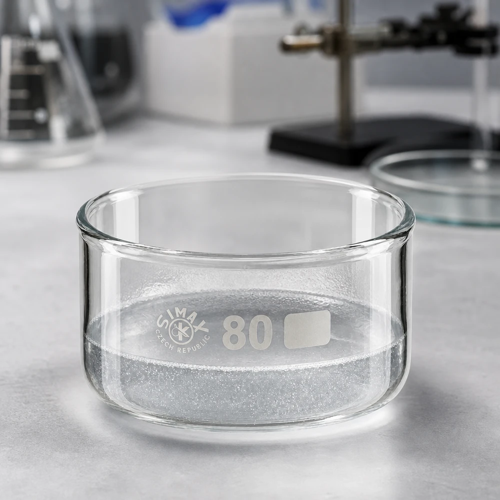 Cristalizador 150ml sin pico borosilicato ø80mm Recipiente de cristalización transparente y vacío, 150 ml, de vidrio borosilicato, ø 80 mm, SIMAX, República Checa, material de laboratorio