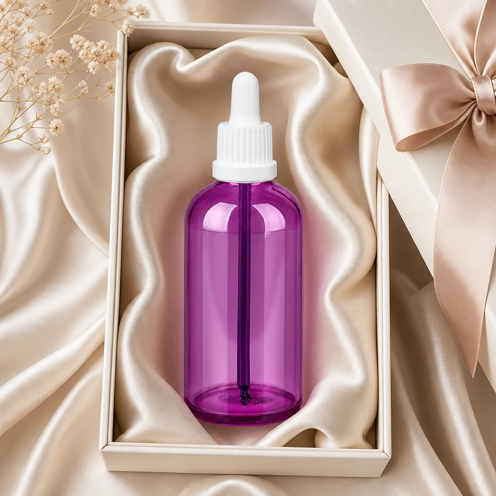Frasco pipeta de 100 ml con rosca UT18/100 en elegante diseño morado para uso profesional