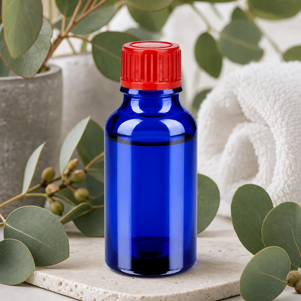 Frasco de vidrio de alta calidad de 20 ml en azul cobalto con tapón de rosca rojo para un almacenamiento seguro
