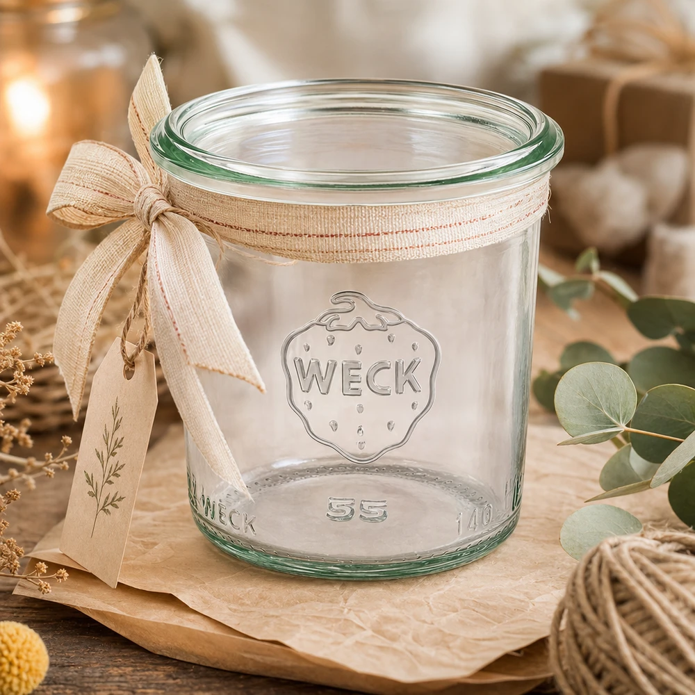 Vasos de 140 ml WECK RR60 Tarro volteable WECK RR60 de 140 ml con cinta sobre tabla de madera, tarro de conserva vacío para mermeladas y conservas
