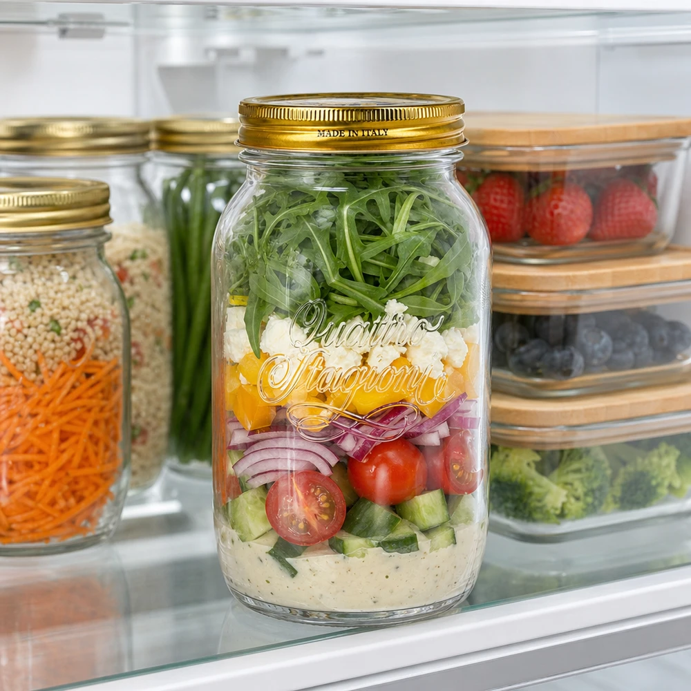 Vaso redondo "Quattro Stagioni" de 1500ml con tapa Tarro de conserva Quattro Stagioni de 1500 ml relleno de ensalada en capas en la nevera preparación de comidas conservación de ensaladas