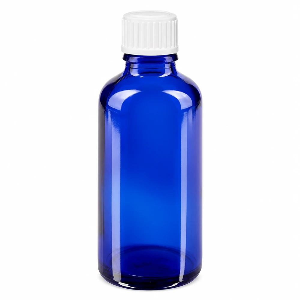 Botella de farmacia azul 50ml tapón de rosca blanco glóbulos estándar Frasco de cristal azul de 50 ml con tapón blanco, fabricado en cristal de farmacia para aplicaciones farmacéuticas