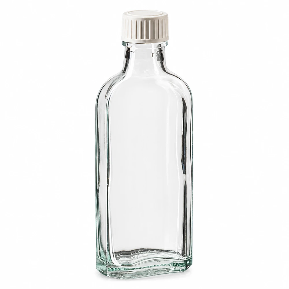 Frasco de cristal Meplat transparente de 100 ml con tapón de rosca blanco y revestimiento de espuma de PE