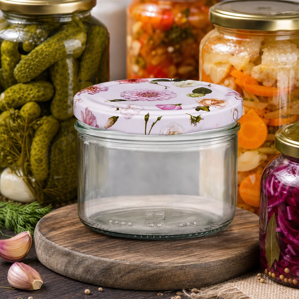 Tarro cilíndrico de 230 ml + tapa BasicSeal rosa flor Tarro cilíndrico de 230 ml con tapa de flor rosa entre tarros de conserva - tarros de conserva para fermentación y almacenamiento