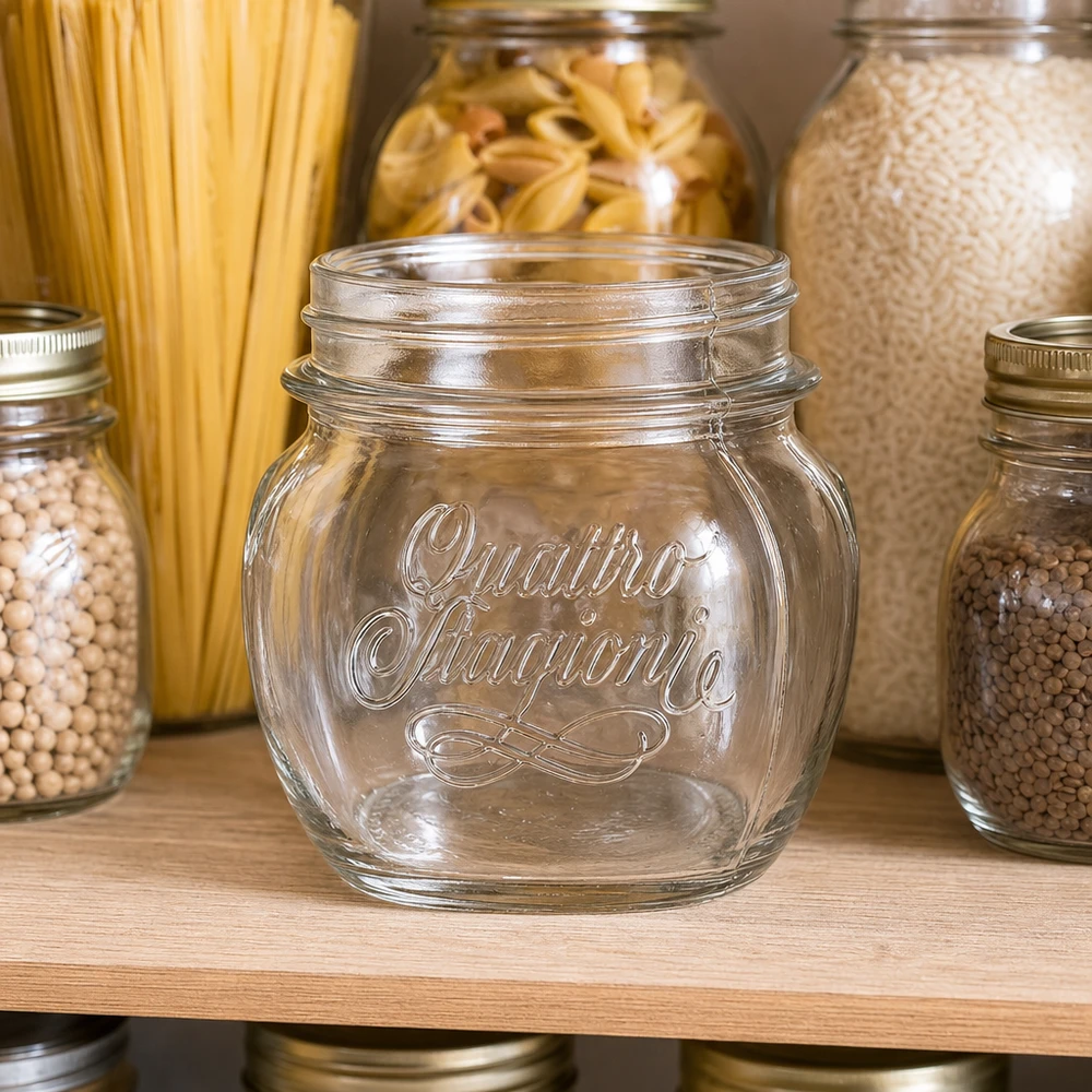 Vaso redondo de 300ml "Quattro Stagioni" QS70mm Tarro doméstico Quattro Stagioni de 300 ml de vidrio transparente con tapa de rosca para guardar y almacenar en la cocina