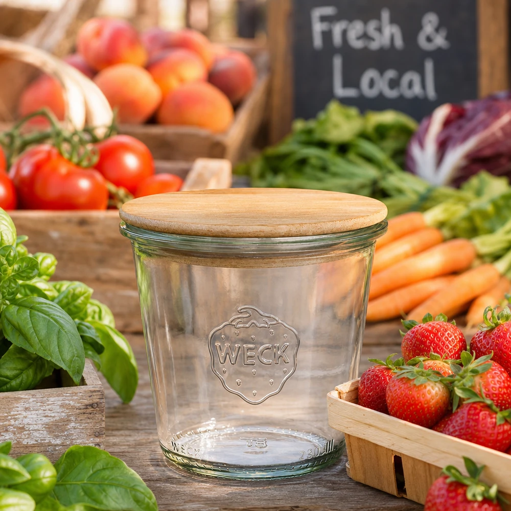 Vaso alto 290ml WECK RR80 con tapa de madera WECK tarro de almacenamiento 290ml RR80 con tapa de madera entre frutas y verduras frescas en el puesto del mercado Fresh Local