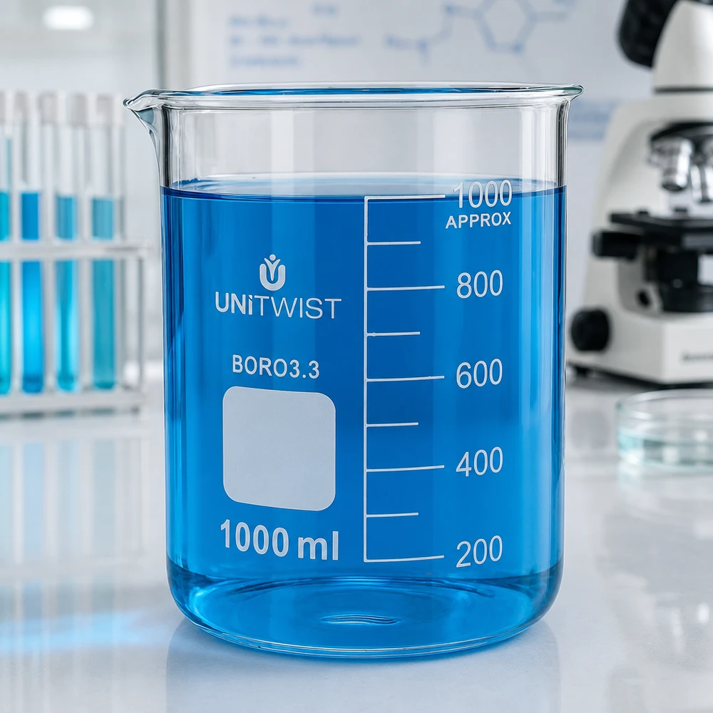 Vaso 1000ml borosilicato, molde bajo UNiTWIST Vaso de precipitados UNiTWIST de 1000 ml, de borosilicato, de perfil bajo, con líquido azul en el laboratorio