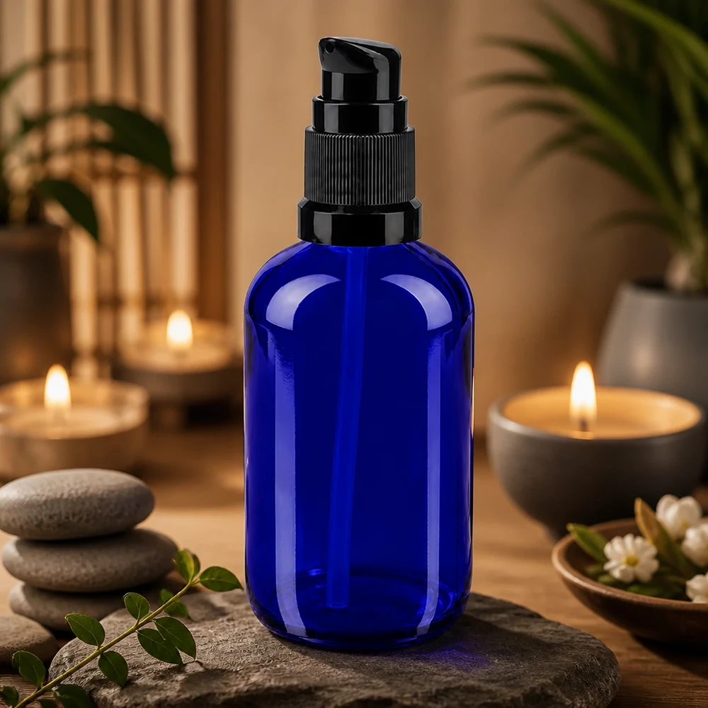 Frasco azul de 100 ml con dosificador de bomba, fabricado en vidrio de farmacia, con dosificador negro, en un ambiente de bienestar