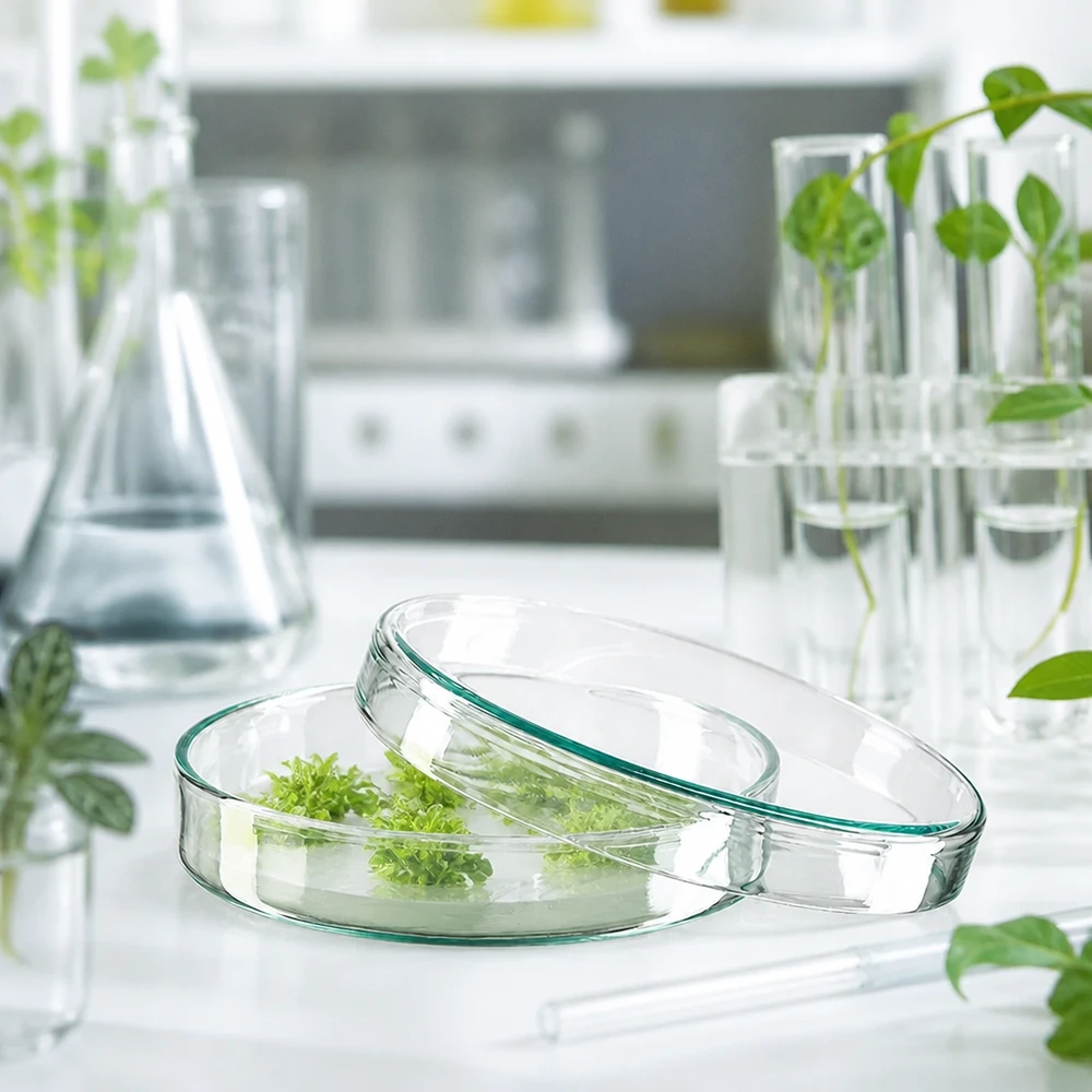 Placa de Petri de 100 x 20 mm de cristal con brotes de plantas sobre un medio de cultivo verde en un laboratorio botánico