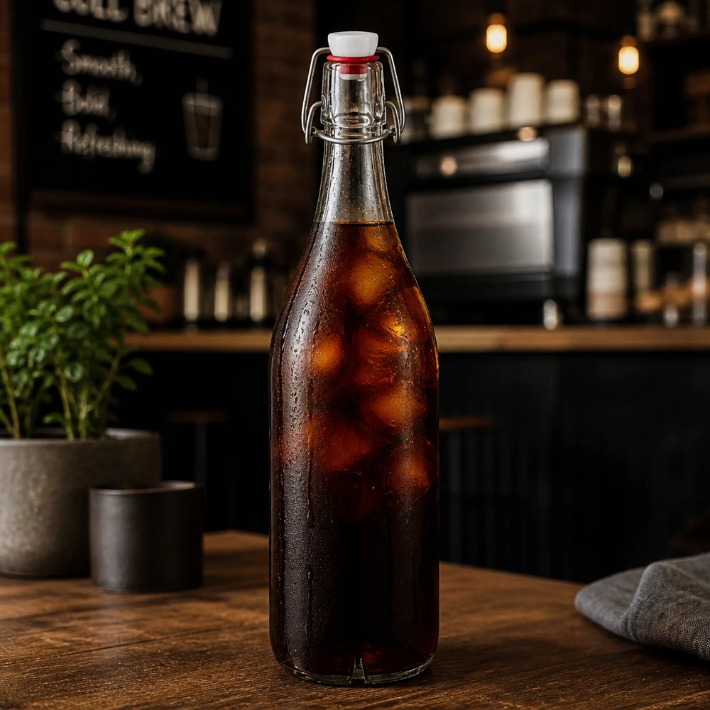 Botella de vidrio de 1000 ml + tapa abatible de PVC UNiTWIST 1000ml Glasflasche mit Bügelverschluss gefüllt mit Cola-Getränk auf Holztheke in stilvoller Café-Atmosphäre