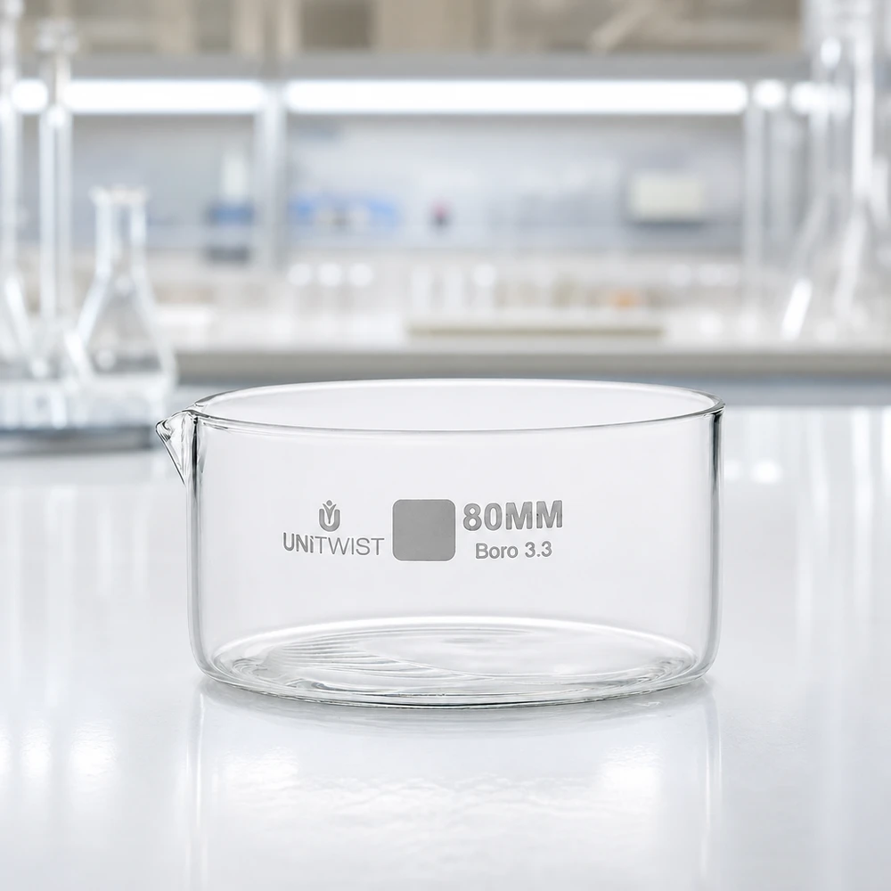 Cristalizador ø80mm vidrio borosilicato UNiTWIST Cubeta de cristalización vacía de 80 mm, de vidrio borosilicato 3.3 UNiTWIST, sobre una superficie de laboratorio blanca