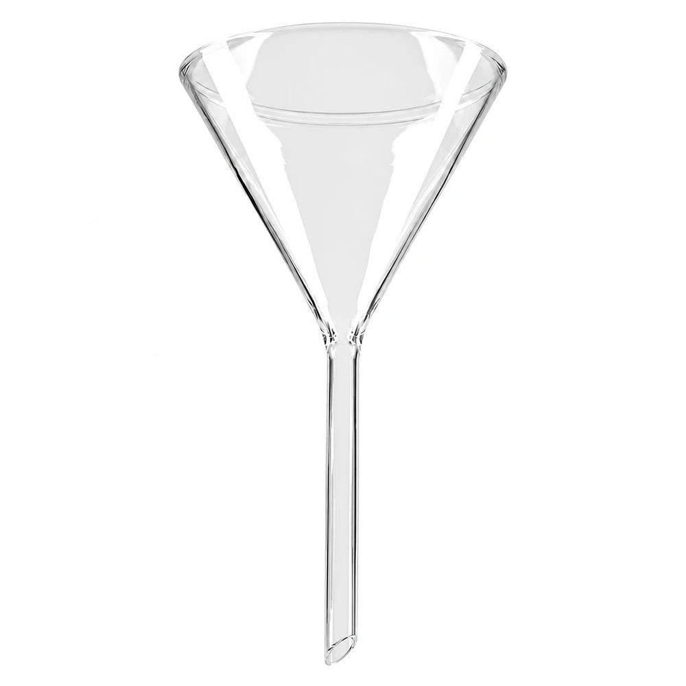 Embudo de cal sodada Ø 100 mm, ángulo de 60°, corto Embudo de vidrio de 100 mm de diámetro, fabricado en vidrio sodocálcico, con mango corto, para uso en laboratorio