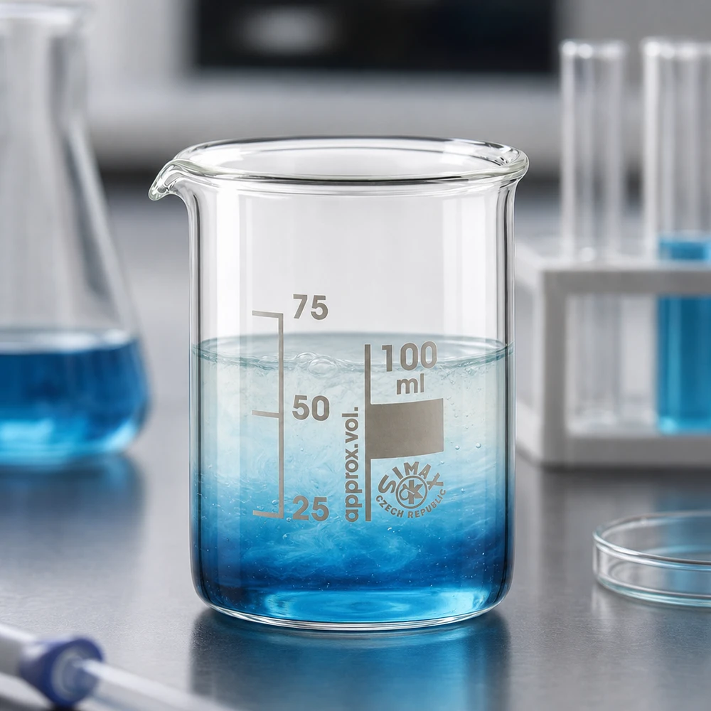Vaso de precipitados 100ml de vidrio de borosilicato, forma baja Vaso de vidrio borosilicato de 100 ml con solución azul y escala mililítrica claramente visible