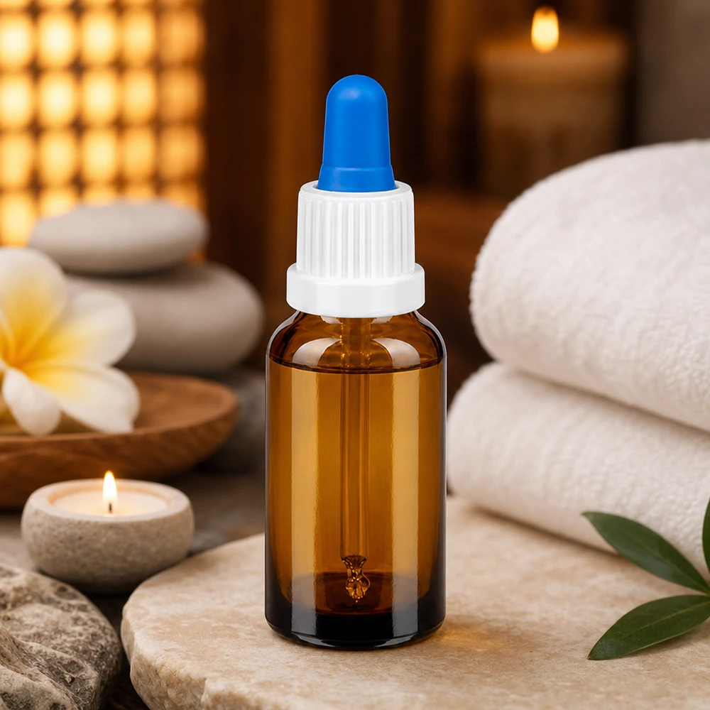 Frasco pipeta compacto de 20 ml BrownLine con punta dosificadora azul de precisión para productos de bienestar
