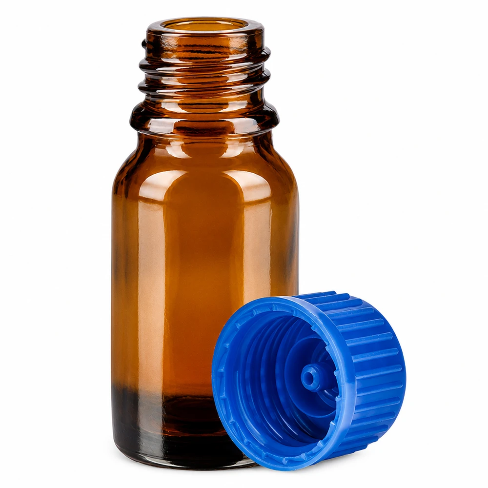 Botella 10ml tapón rosca 11mm azul estándar BrownLine UT18/10 Frasco pequeño de vidrio ámbar de 10 ml con tapón azul estriado para aceites esenciales y tinturas