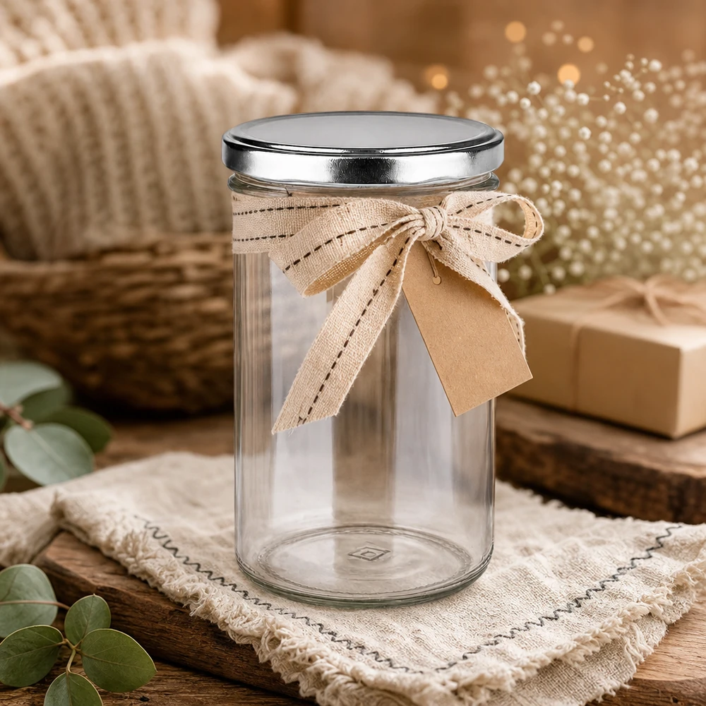 Vasos de 277 ml con tapa BasicSeal plateados decorativos con lazo envase de regalo ambiente rústico con aspecto de madera