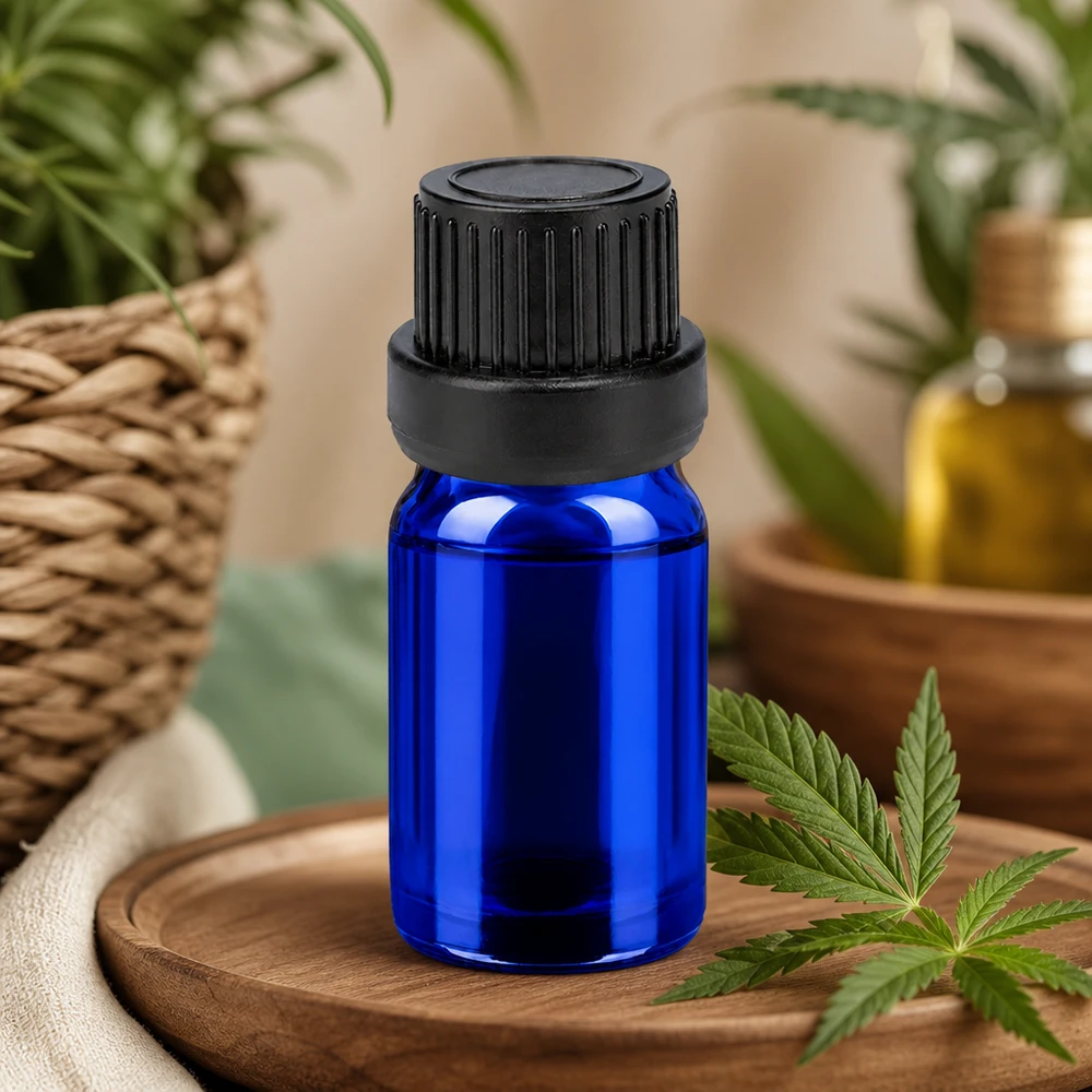 Frasco cuentagotas de 5 ml de vidrio azul con protección UV y tapón negro para una dosificación precisa