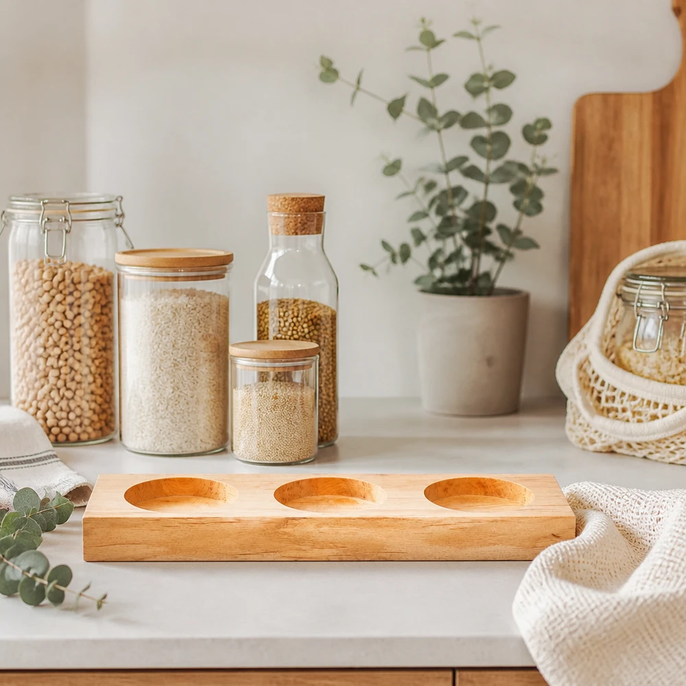 Bandeja Plano3 para 3 tarros WECK Servierbrett Plano3 aus Bambus auf weißer Arbeitsplatte mit Vorratsgläsern und eucalyptus Deko im skandinavischen Küchen