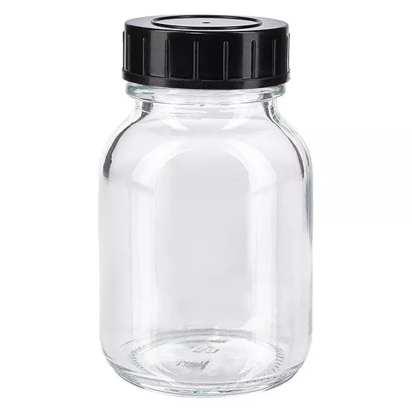 50ml botella de cuello ancho de vidrio transparente con tapón de rosca
