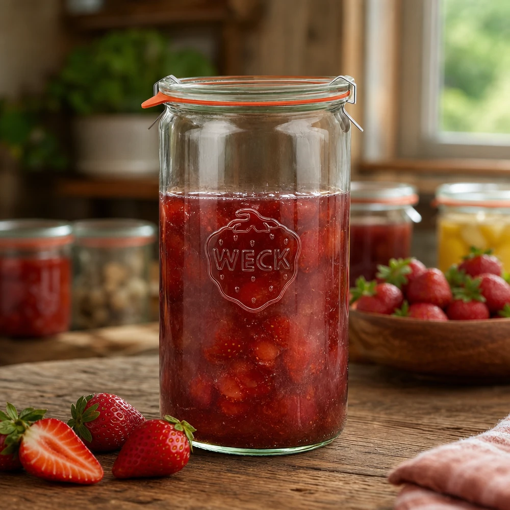 Jarra cilíndrica completa de 1590 ml WECK RR100 Tarro de conserva WECK de 1590 ml lleno de mermelada de fresa sobre una mesa de madera con fresas frescas al fondo