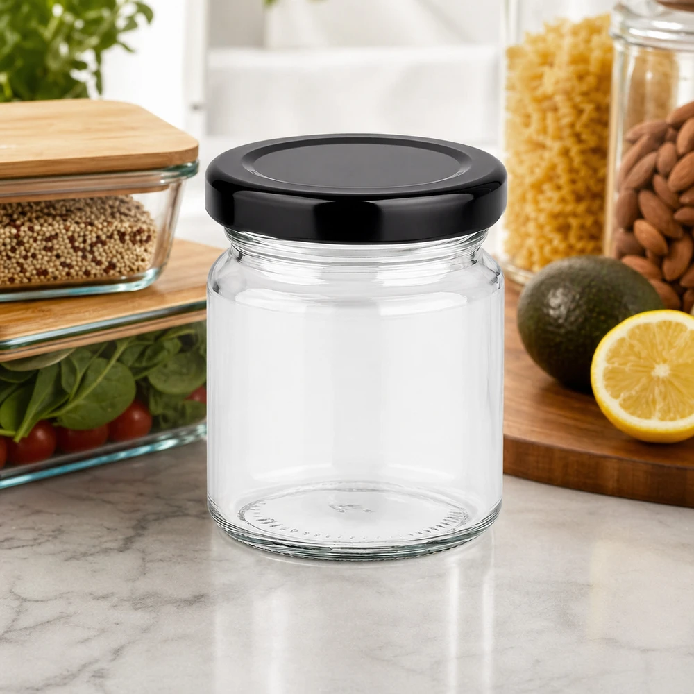 Tarro redondo de 53ml con tapa BasicSeal negro UNiTWIST 53ml Rundglas mit schwarzem Deckel leer auf Marmor-Arbeitsplatte neben Vorratsgläsern kompakte Küchenorganisation