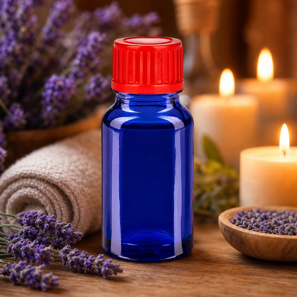 Frasco de 10 ml con tapón de rosca de 11 mm rojo estándar BlueLine UT18/10 Frasco pequeño de vidrio de 10 ml en azul con tapón rojo para aceites esenciales y aromaterapia