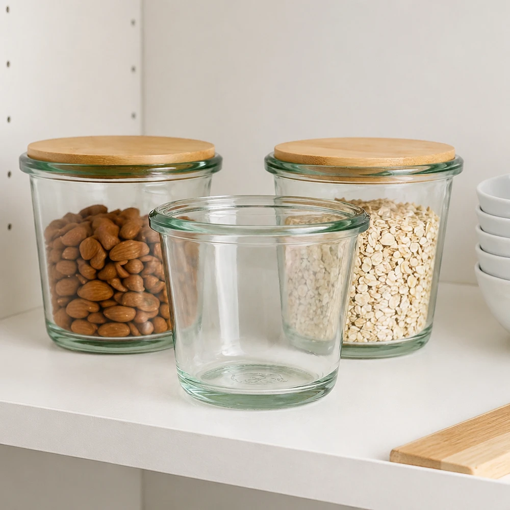 Tarro gourmet 80ml WECK RR60 Tarro gourmet RR60 de 80 ml de WECK en una cocina moderna como tarro de almacenamiento para frutos secos y avena con tapa de bambú