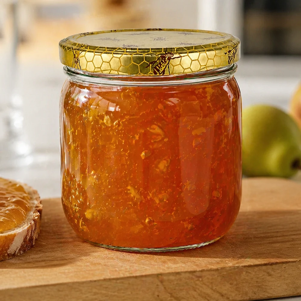 Tarro para miel de 500 g con tapa con diseño de panal BasicSeal UNiTWIST Tarro de miel de 500 g con tapa de panal relleno de mermelada dorada junto a pan y manzana verde sobre tabla de madera