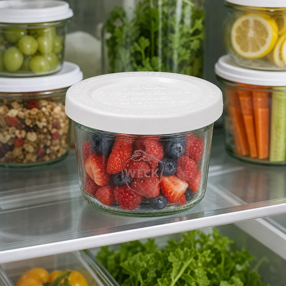 Vasos WECK RR60 de 80 ml con mezcla de frutas del bosque en el frigorífico junto a otros tarros con fruta y verdura
