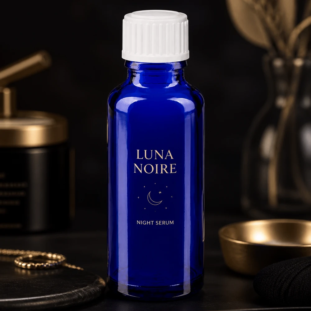 Botella de farmacia azul 30ml tapón rosca blanco estándar Sérum nocturno Luna Noire en frasco de farmacia azul cobalto de 30 ml con tapón de rosca blanco