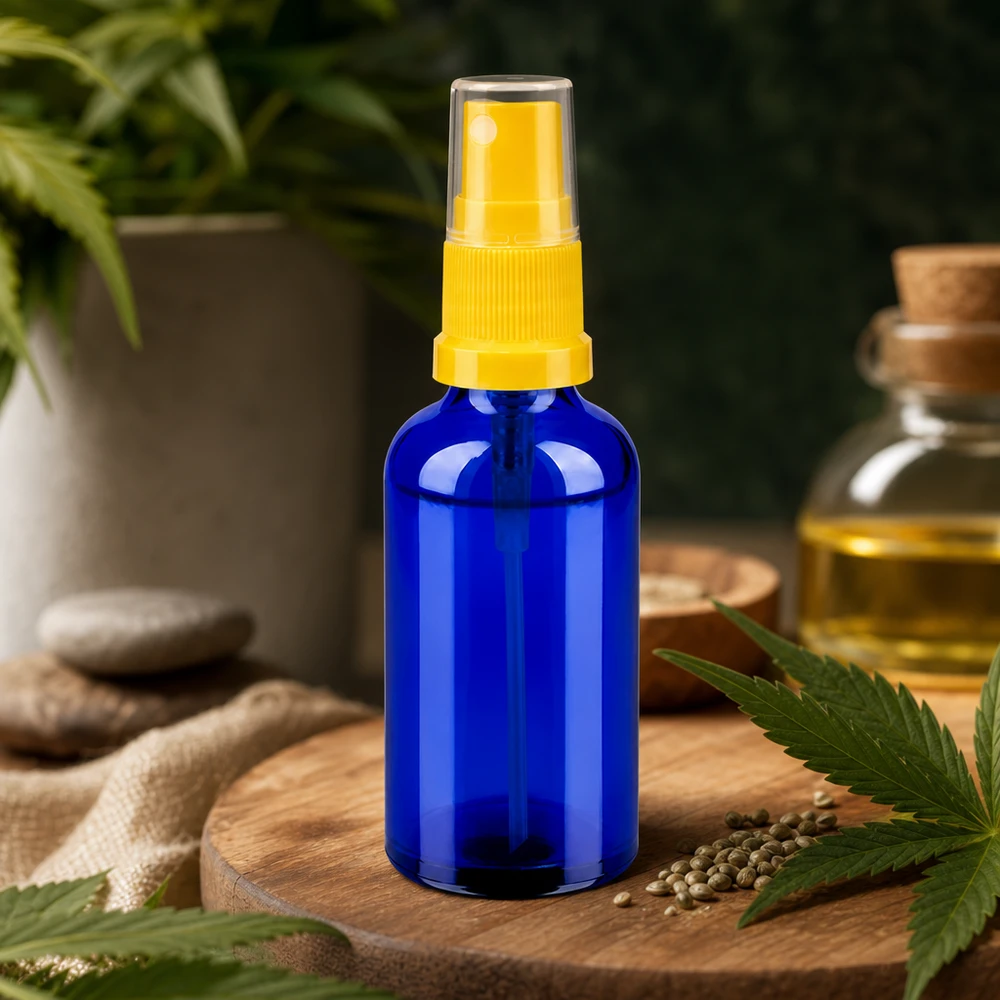 Frasco pulverizador de 50 ml amarillo/transparente con tapón estándar BlueLine UT18/50 Robusto pulverizador de 50 ml de vidrio de cobalto con protección UV y práctico atomizador para cosmética natural