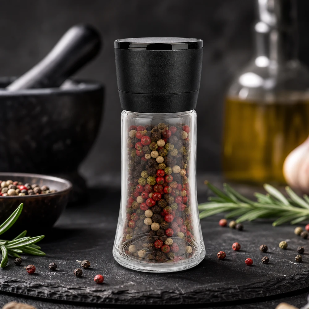 Frasco para sal y especias de 95 ml con molinillo Vario negro Molinillo de pimienta Vario de 95 ml con una mezcla de pimientas de colores (granos rojos, verdes y negros) en un tarro de cristal