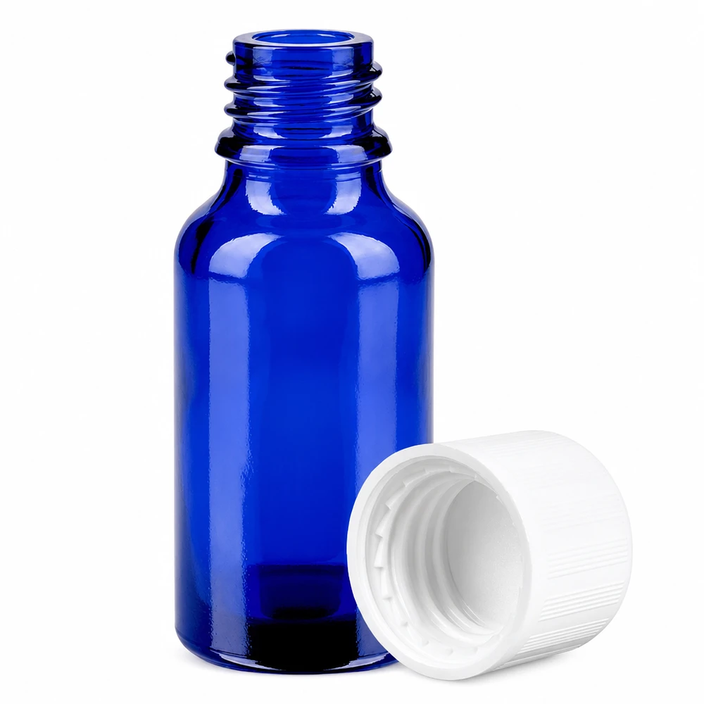 Botella 20ml 11mm tapón rosca blanco con precinto de seguridad BlueLine UT18/20 Frasco de vidrio azul cobalto de 20 ml con rosca de 11 mm y tapón de seguridad para farmacia