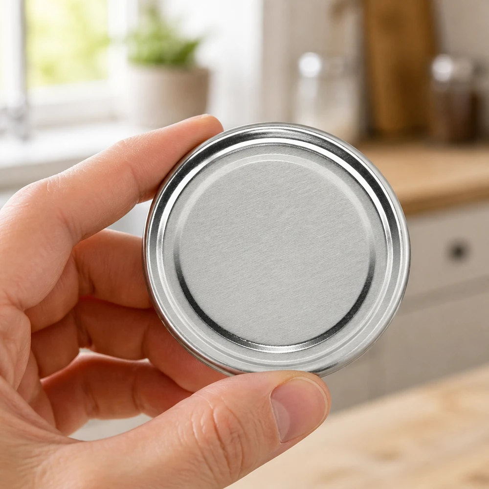Mano sosteniendo una tapa plateada de 58 mm TO58 Twist-Off UniTwist BasicSeal en la cocina