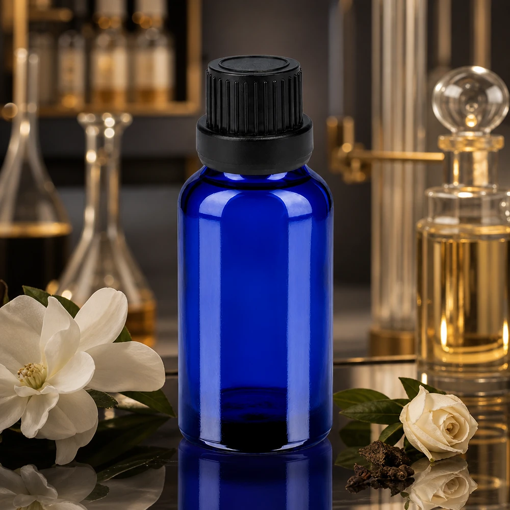 Elegante frasco de cristal de 20 ml en azul cobalto con tapón negro mate para aceites de perfume