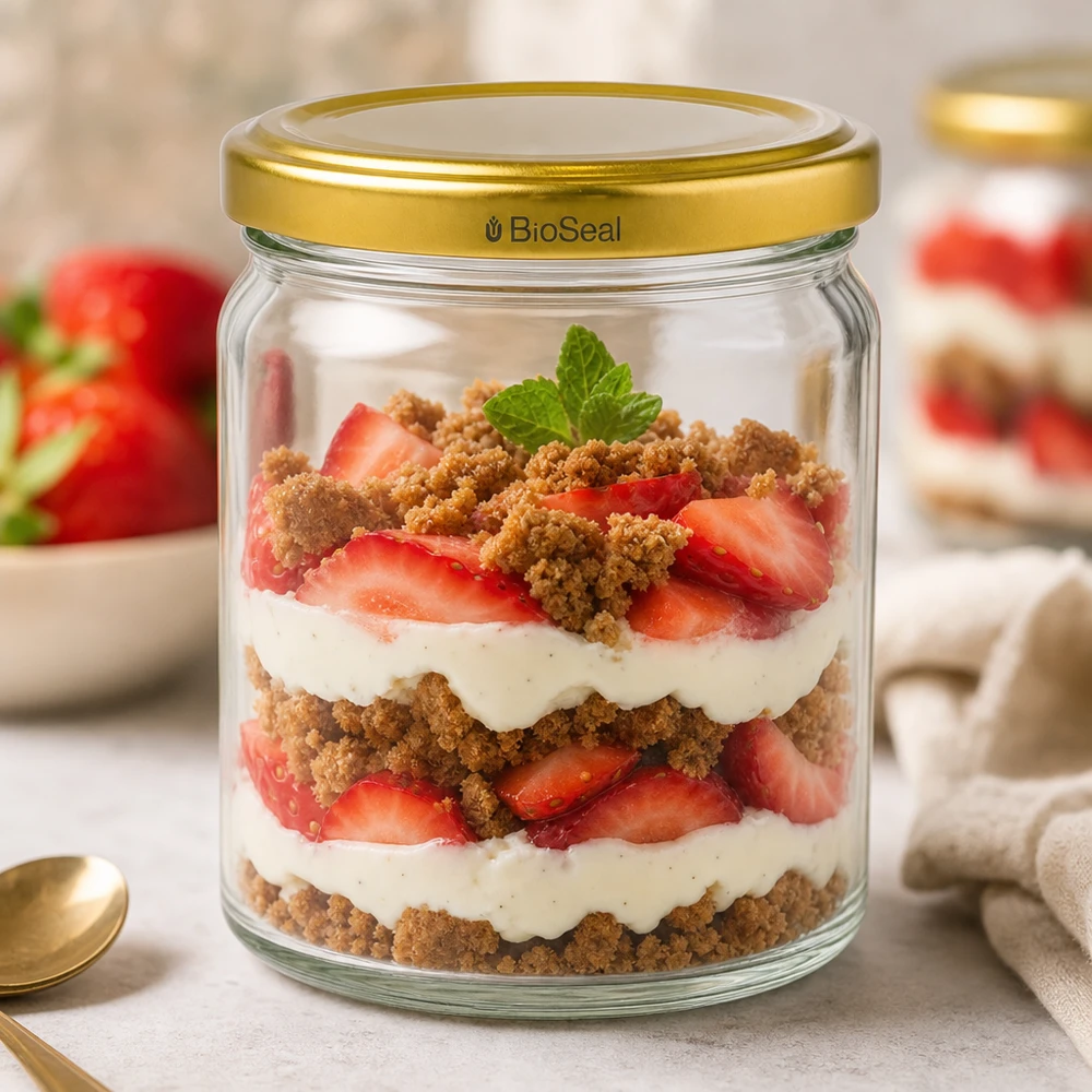 Tarro de postre UNiTWIST Runda408 con tapa dorada TO82 BioSeal para postre en capas tiramisú de fresa con nata
