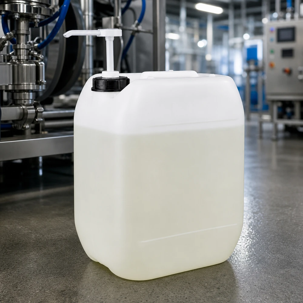Bidón industrial transparente de 10 litros con bomba dosificadora integrada, fabricado en una moderna planta de producción