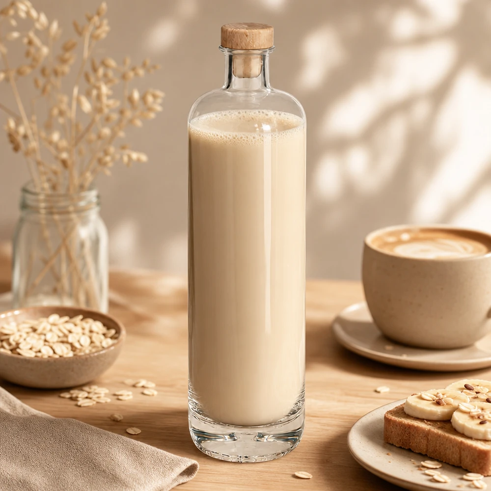 Botella de cristal de 700 ml de Ella con cremoso contenido de leche de avena y tapón de madera en una acogedora escena de desayuno con copos de avena