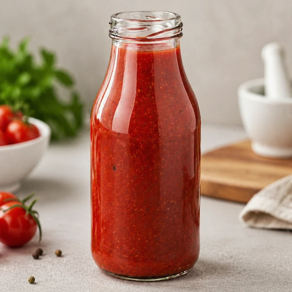 Botella de 263ml sin tapa (TO43) UNiTWIST Elegante UNiTWIST Glasflasche 263ml mit roter Tomatensauce gefüllt in moderner Küche - perfekt für Saucen und Getränke