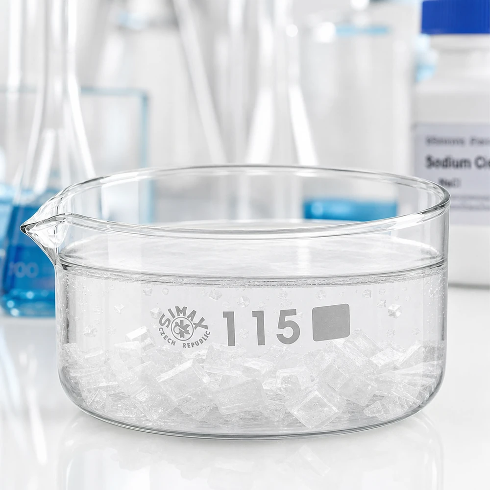 Cubeta de cristalización de 500 ml con pico vertedor, llena de cristales blancos; diámetro: 115 mm; material de vidrio de laboratorio