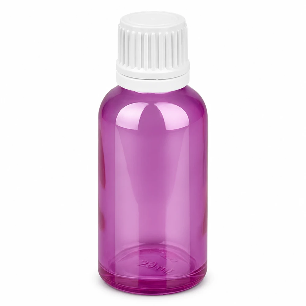 Frasco de 30 ml con tapón de rosca de 11 mm blanco Originalidad tapón de rosca PurpleLine UT18/30 Frasco de vidrio de 30 ml en violeta con tapón de rosca blanco para aceites esenciales y cosméticos