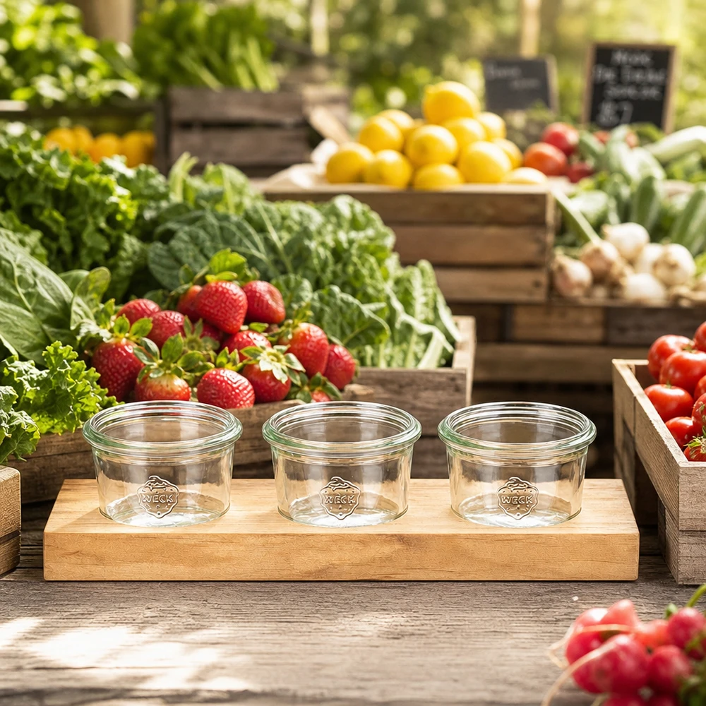 Tabla de servir Plano3 con vasos vacíos Weck de 80 ml en un puesto de mercado entre fruta y verdura fresca
