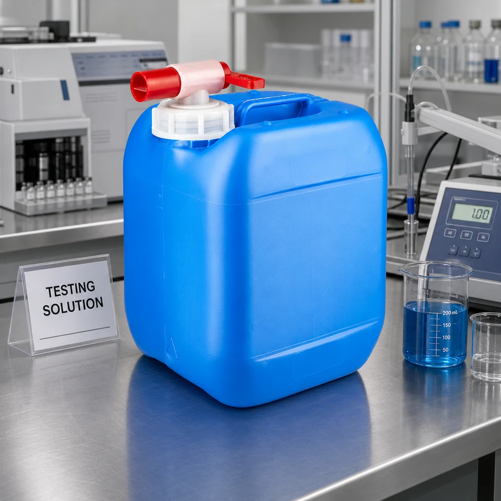 Bidón azul de HDPE de 5 litros con grifo de salida, junto a un cilindro graduado y una solución de ensayo en el laboratorio