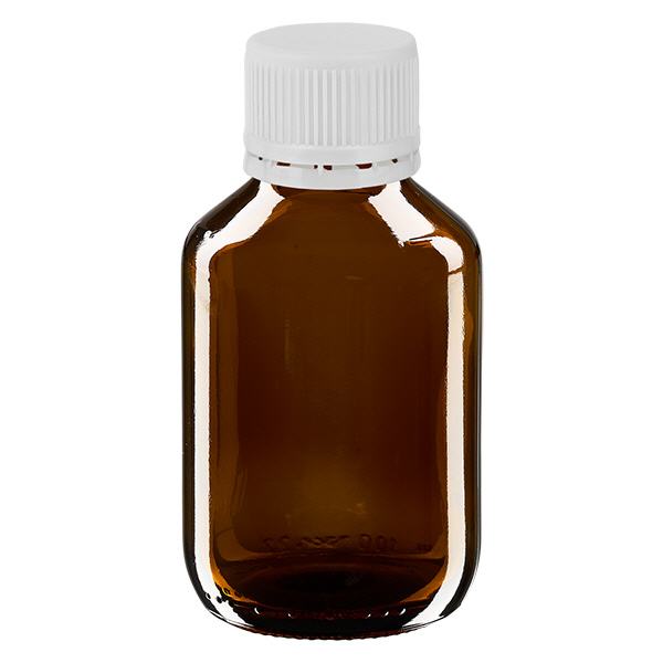 Frasco medicamento 100ml marrón, tapón blanco con precinto de seguridad ApoGlas Frasco medicamento 100ml marrón, tapón blanco con precinto de seguridad ApoGlas