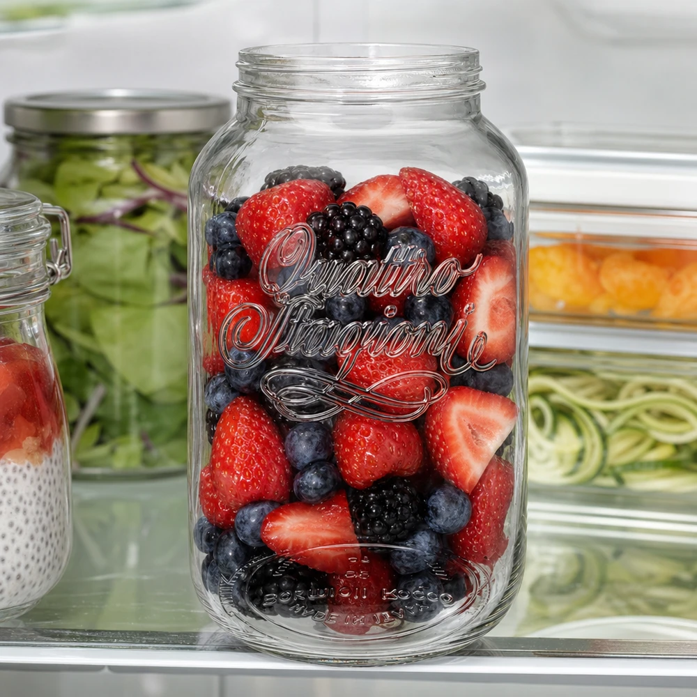 Tarro doméstico Quattro Stagioni de 3800 ml lleno de bayas frescas en el frigorífico como recipiente para guardar fruta