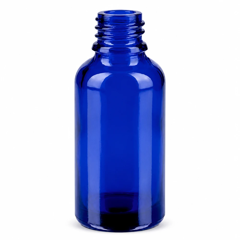 Frasco de vidrio azul de 30 ml con tapón cuentagotas de 0,8 mm para aceites esenciales y cosméticos