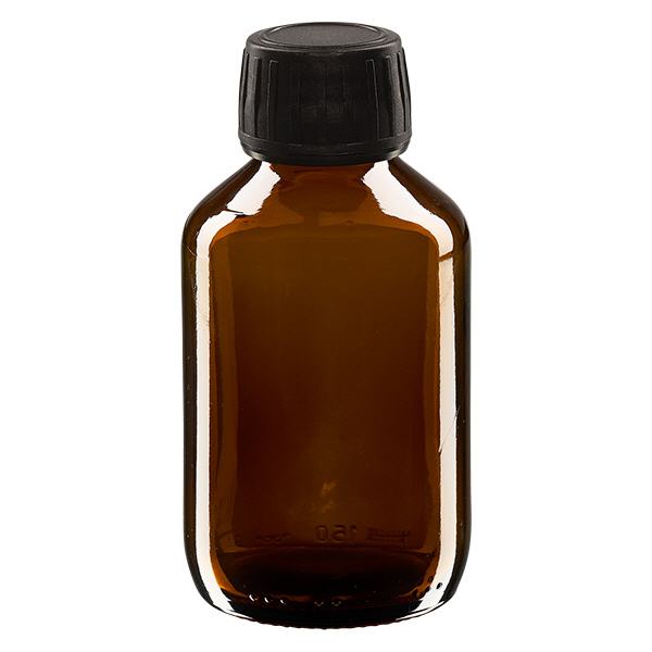 Frasco para medicamentos de 150 ml, marrón, tapón negro con anillo de seguridad ApoGlas Frasco para medicamentos de 150 ml, marrón, tapón negro con anillo de seguridad ApoGlas